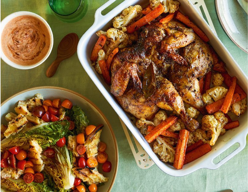 TURKISH ROAST CHICKEN WITH GRILLED COS & BREAD SALAD