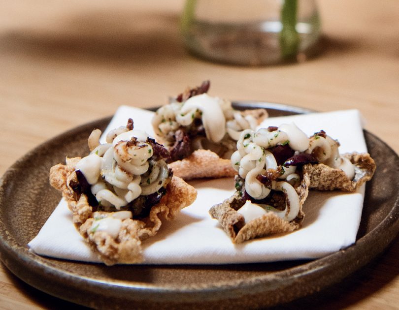 FLASH-FRIED SQUID ON A PUFFED FISH-SKIN CRACKER