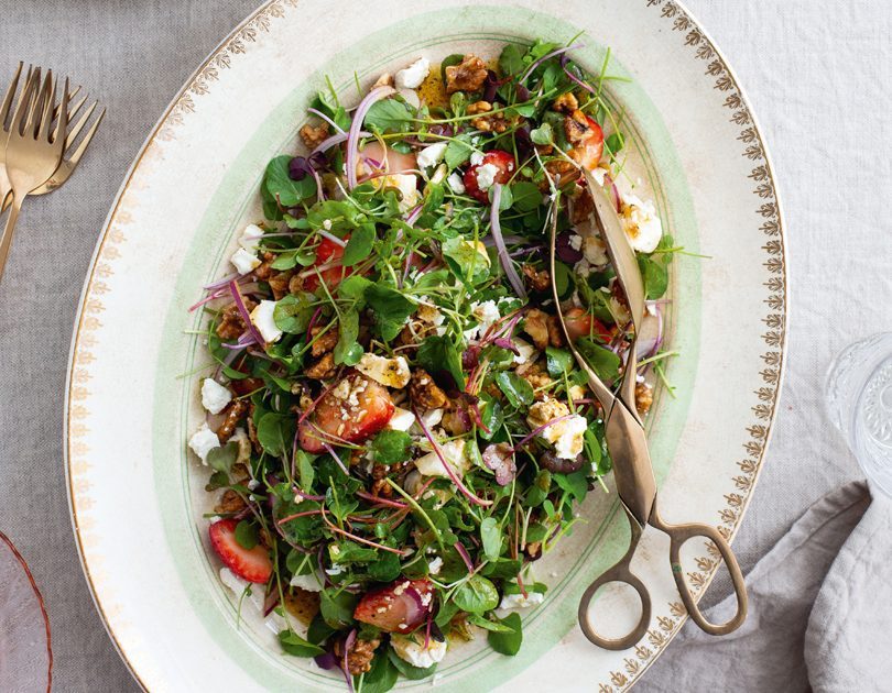 STRAWBERRY & CRESS SALAD, HONEYED WALNUTS & BLACK PEPPER DRESSING