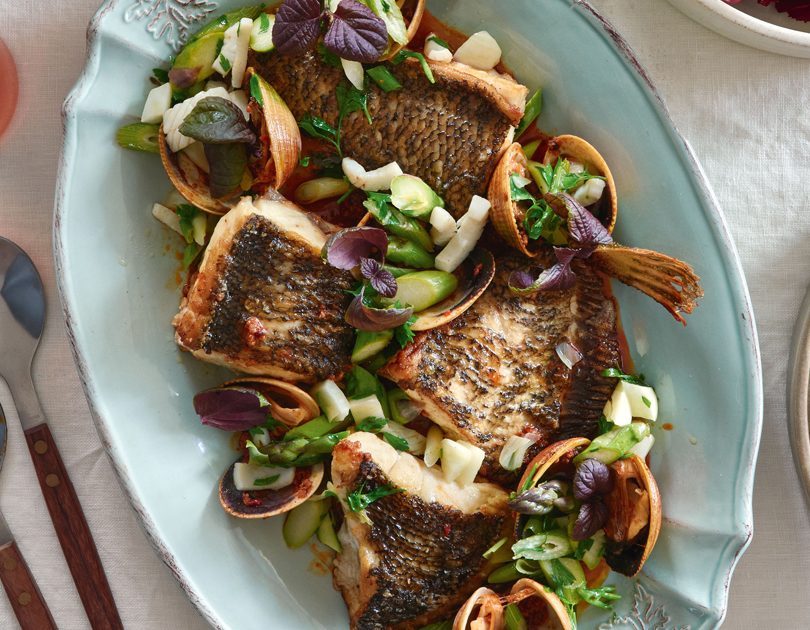 TURBOT WITH LITTLENECK CLAMS, SQUID & PRIMAVERA VEGETABLES