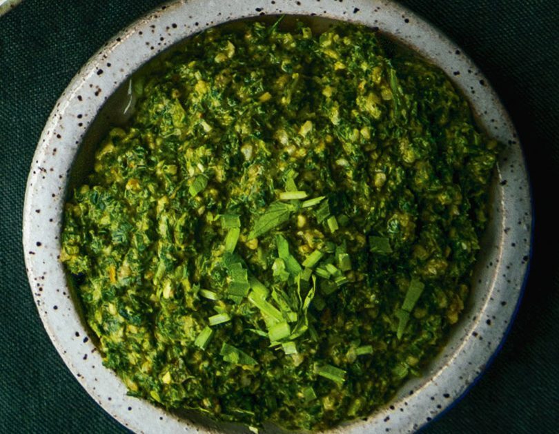LIP-SMACKINGLY SOUR MINT, ANCHOVY & PINENUT PESTO