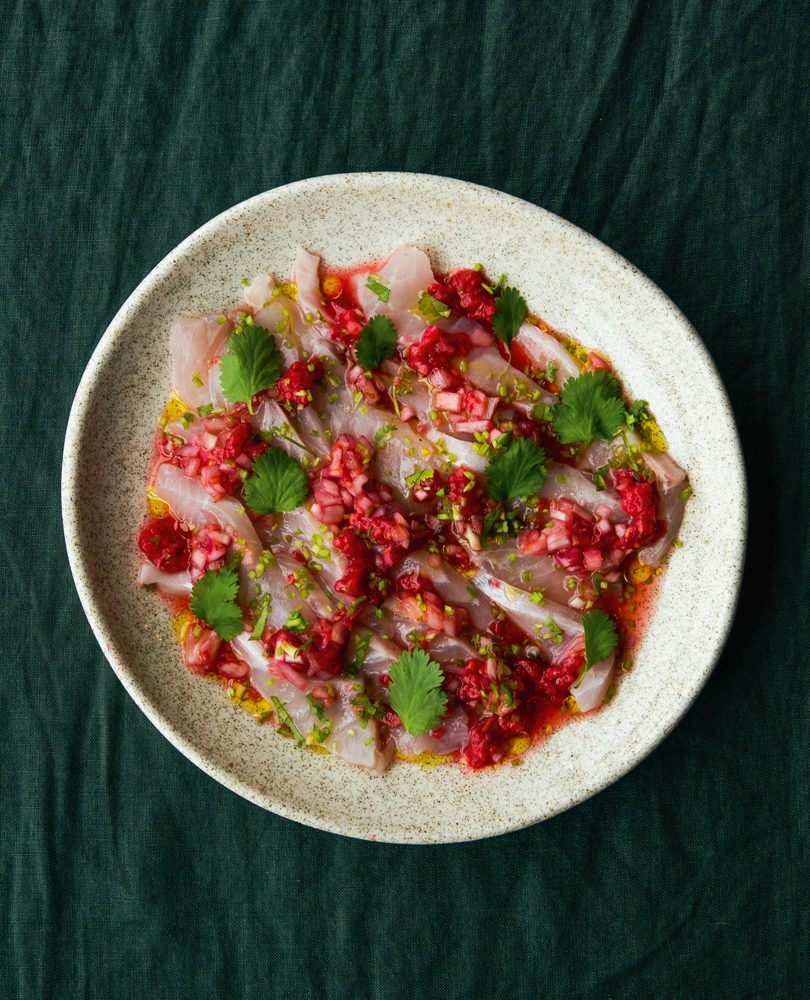 SHALLOT, RASPBERRY & MALT VINEGAR DRESSING ON RAW FISH SHALLOT, RASPBERRY & MALT VINEGAR DRESSING ON RAW FISH