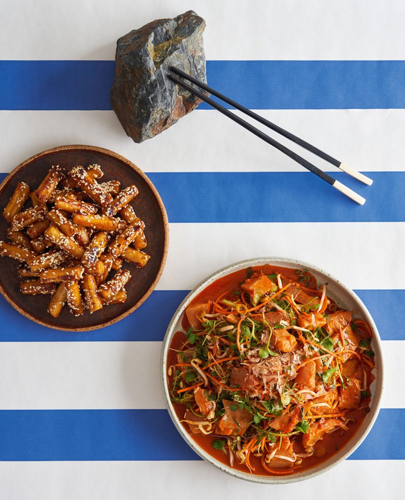 RAW FISH KOREAN-STYLE WITH GOCHUJANG, RICE CAKES, BEAN SPROUTS & SESAME