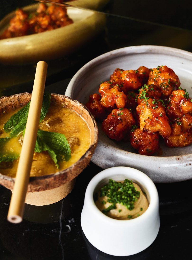 SRIRACHA-GLAZED FRIED CAULIFLOWER WITH ALMOND MAYO