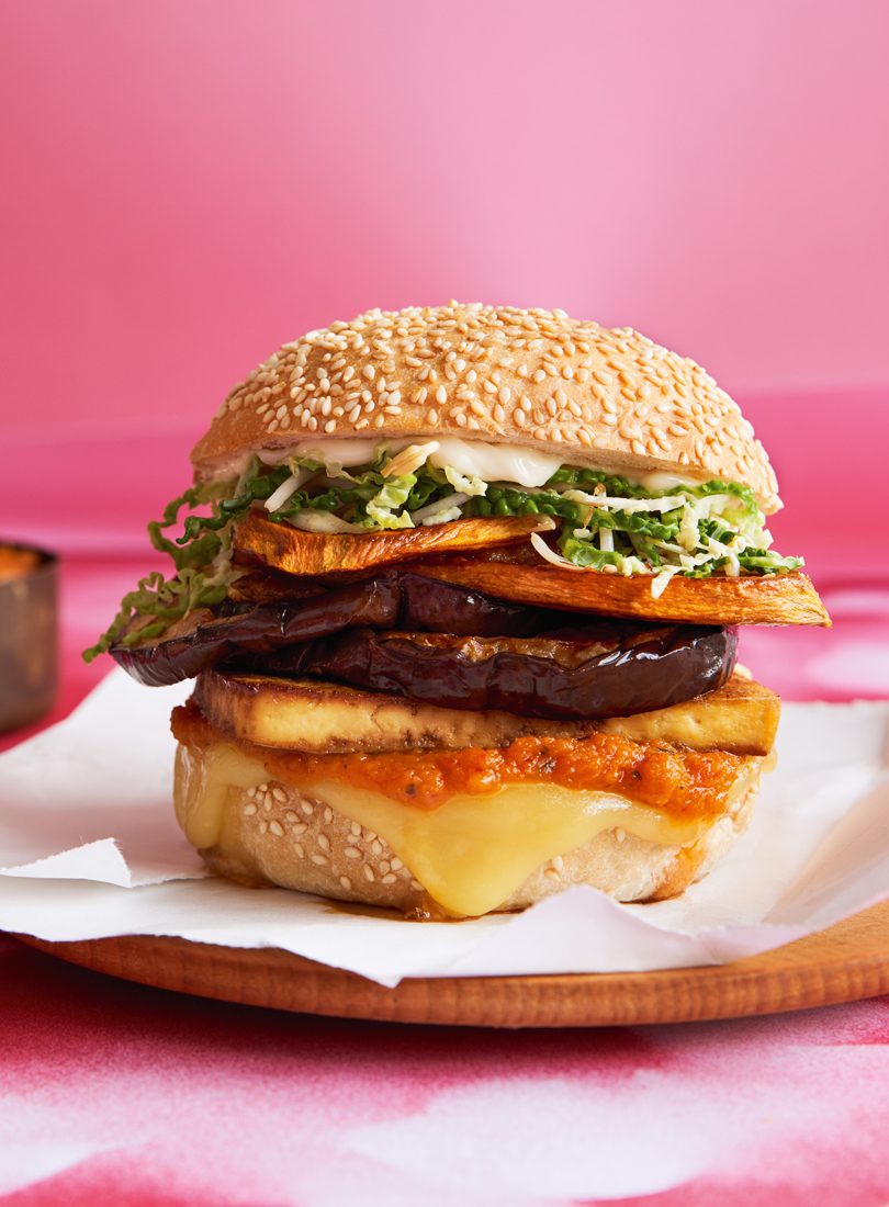 TOFU VEGE BURGER WITH KIMCHI & CARROT KETCHUP