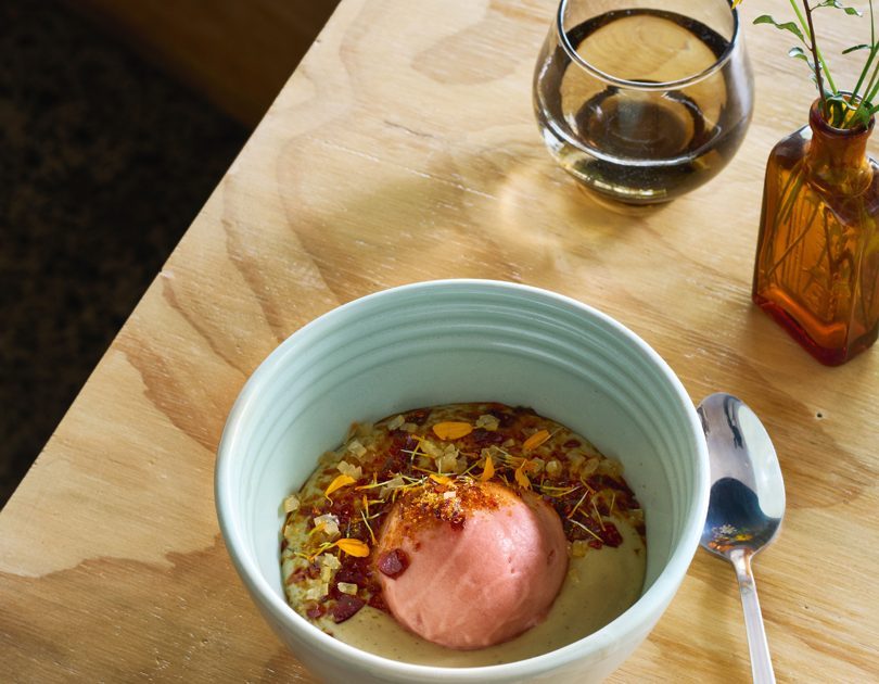 MARIGOLD CUSTARD WITH RHUBARB SORBET, BURNT SUGAR & PRESERVED LEMON