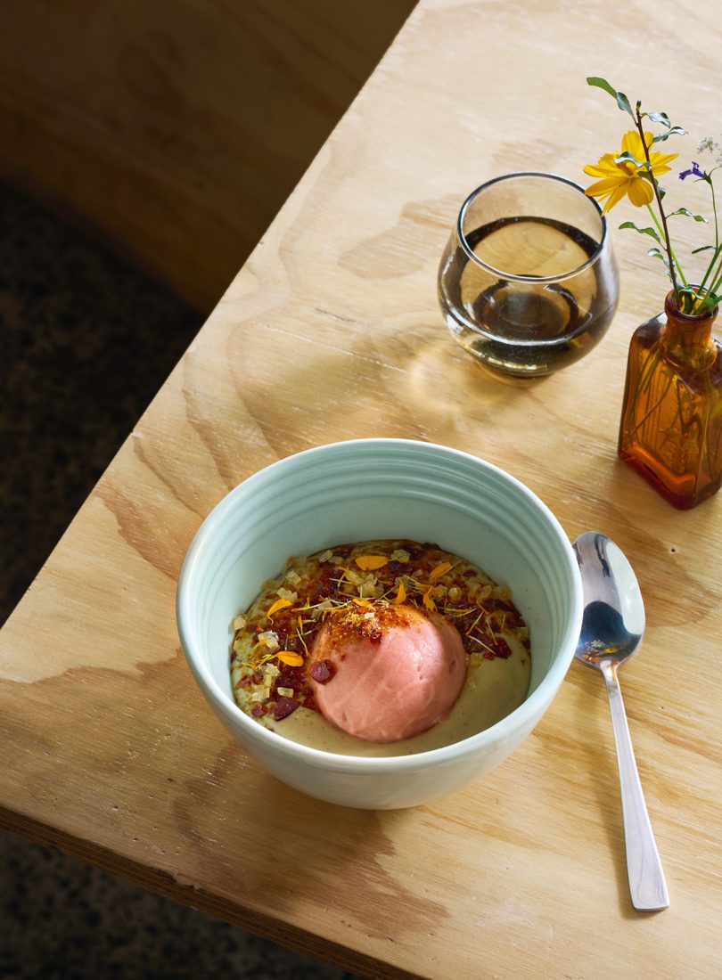 MARIGOLD CUSTARD WITH RHUBARB SORBET, BURNT SUGAR & PRESERVED LEMON MARIGOLD CUSTARD WITH RHUBARB SORBET, BURNT SUGAR & PRESERVED LEMON