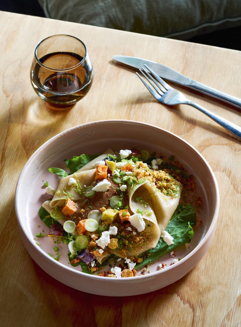 PERSIMMON MOLE WITH PARSNIP PASTA, SORREL, GOAT’S CHEESE & PARSNIP CRUMB