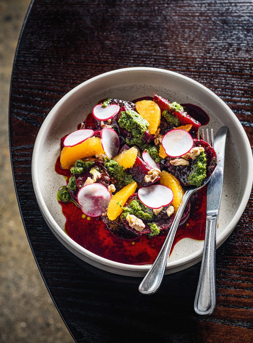 PICKLED BEETROOT WITH MISO CHIMICHURRI, WALNUTS & ORANGE