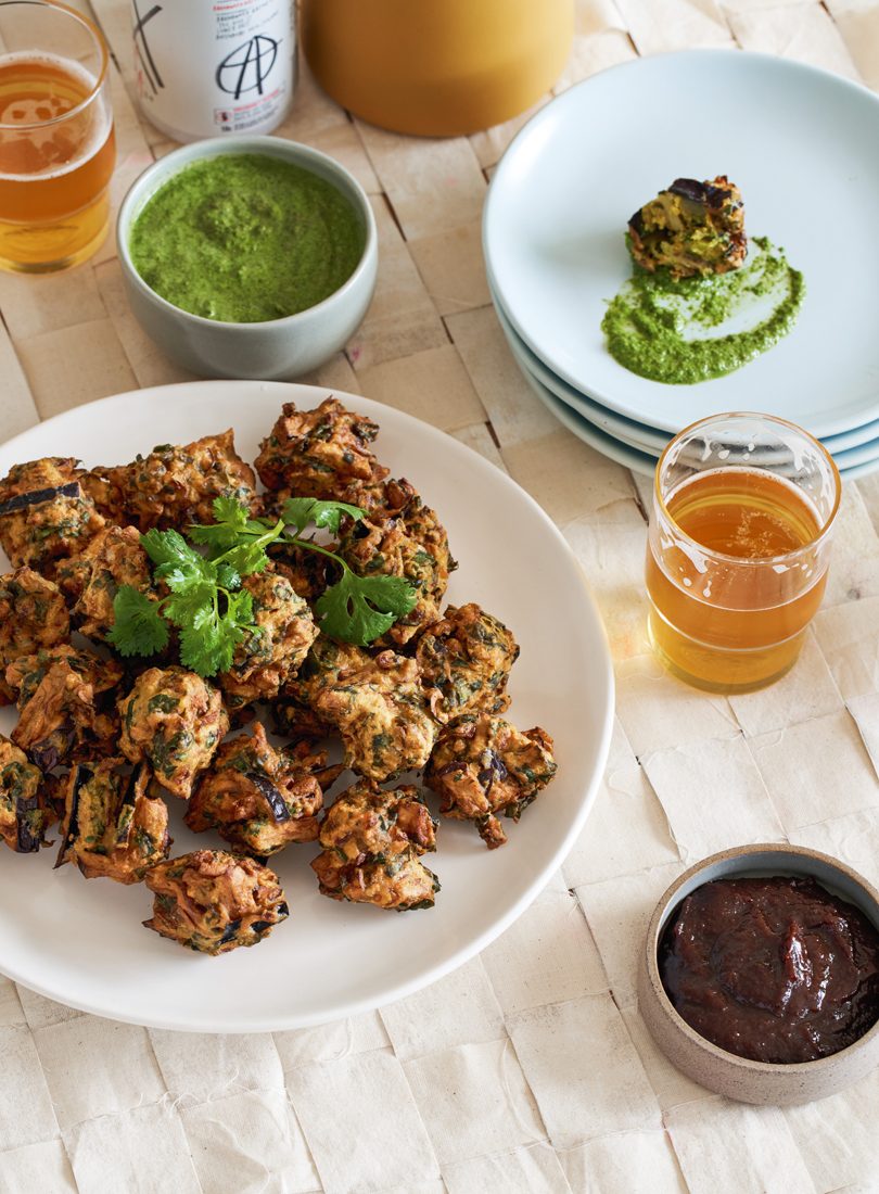 EGGPLANT & GREENS PAKORA WITH COCONUT, MINT & CORIANDER DIPPING SAUCE