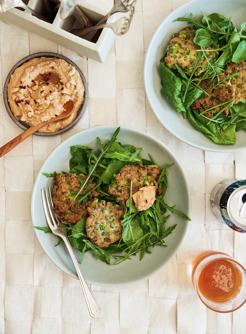 GREEN BEAN & EDAMAME FRITTERS WITH PEANUT, SRIRACHA & TOFU SAUCE