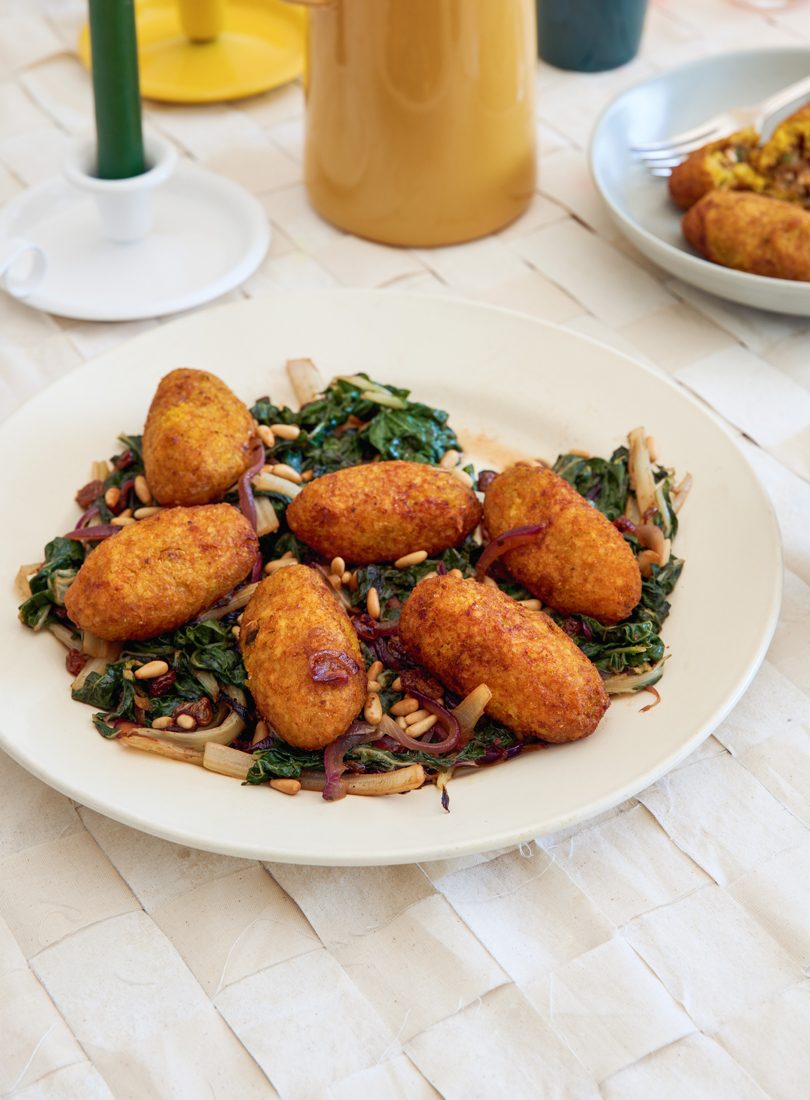 PUMPKIN KIBBEH WITH WILTED GREENS & QUINCE PASTE DRESSING