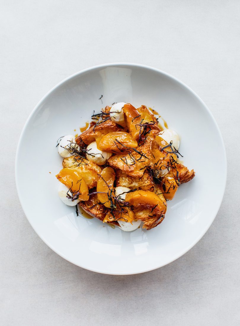 BRIOCHE, VERJUICE-POACHED PLUOTS, VANILLA LABNEH, STAR ANISE CARAMEL & SHISO