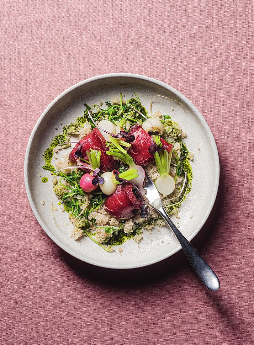 Gin-Cured Beef, Quinoa & Pea Shoots, Turnip & Radish Confit