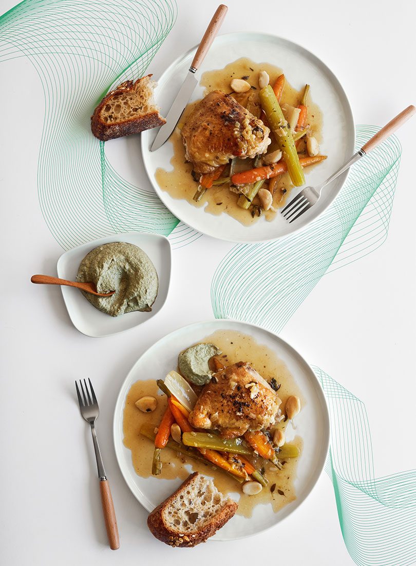Braised Garlic Chicken With Carrots & Celery, & Sunflower Seed & Tarragon Cream - Cuisine Magazine -