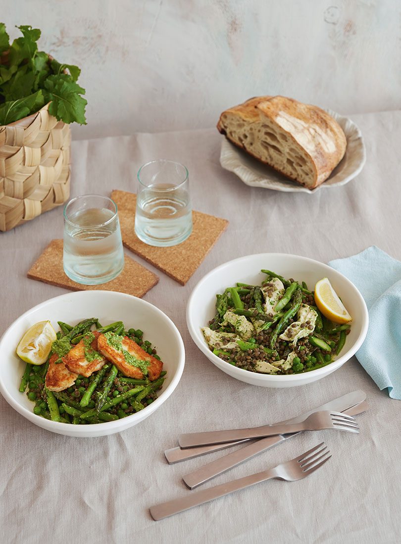 Asparagus Lentil Salad With Hemp-Seed Parsley Pesto / With Poached Chicken Or Panfried Haloumi Or Te