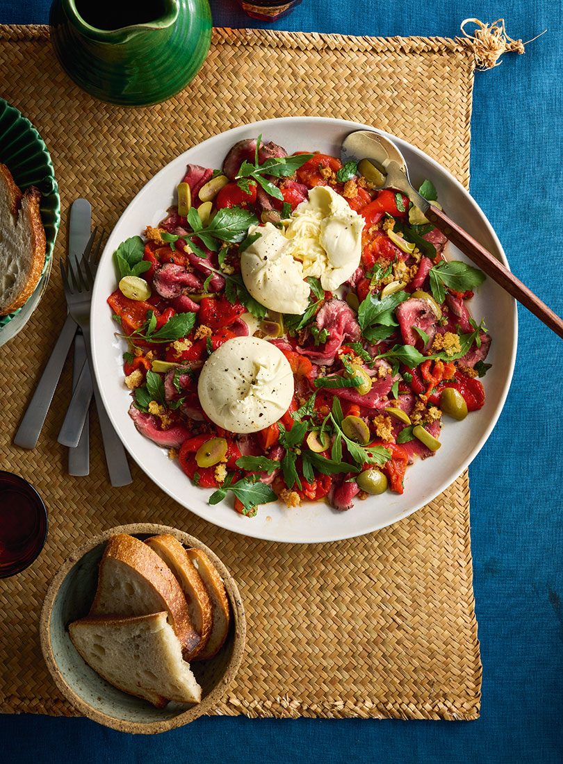 Roasted Red Capsicums, Burrata, Rare Beef & Crisp Crumbs - Cuisine Magazine - From New Zealand to th