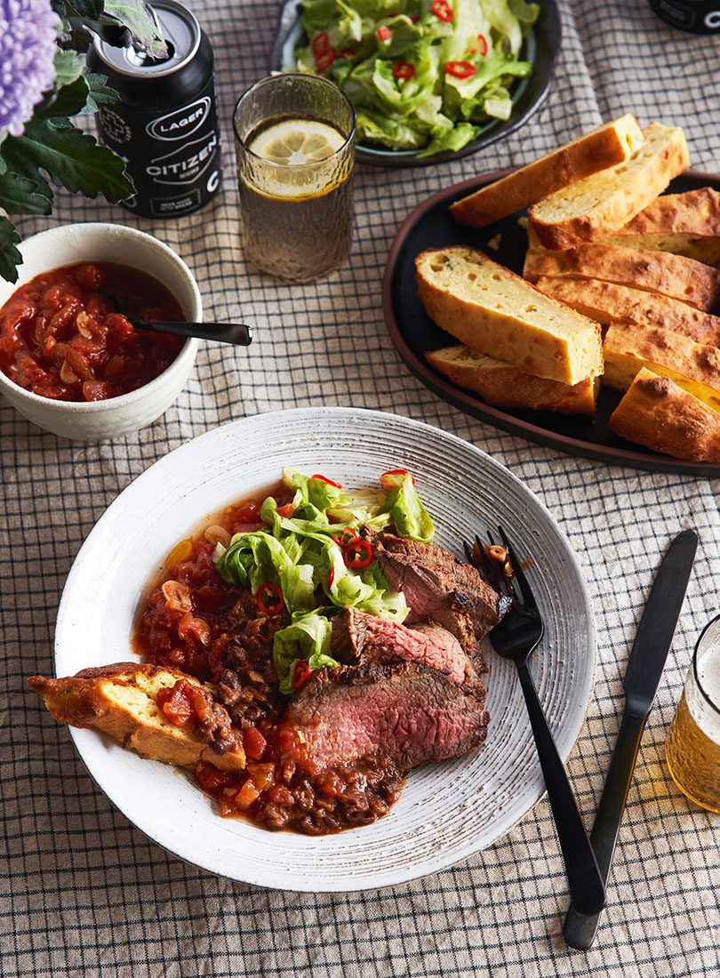 Beef, Slow Tomatoes & Beans With Pickled Lettuce & Cornbread - Cuisine Magazine - From New Zealand t