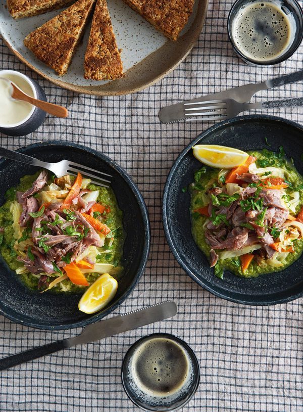 Pulled Bacon Hock, Roasted Slaw, Pea & Parmesan Gravy With Oat & Barley