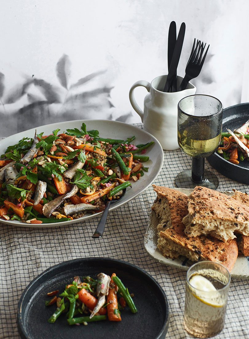 Sardine, Lemon & Green Lentil Salad With Olive & Oregano Flatbread