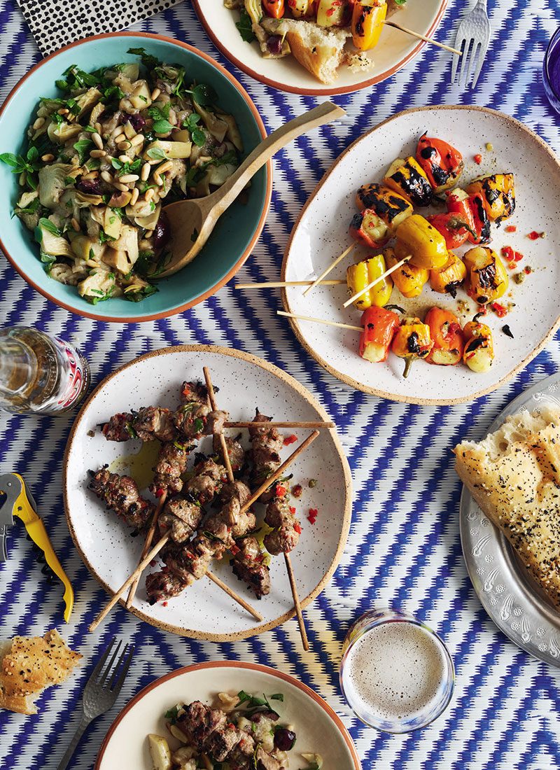 Lamb &amp; Lemon Leaf Or Capsicum &amp; Haloumi Skewers With Eggplant &amp; Artichoke Salad - Cuisine Magazine - From New Zealand to the World