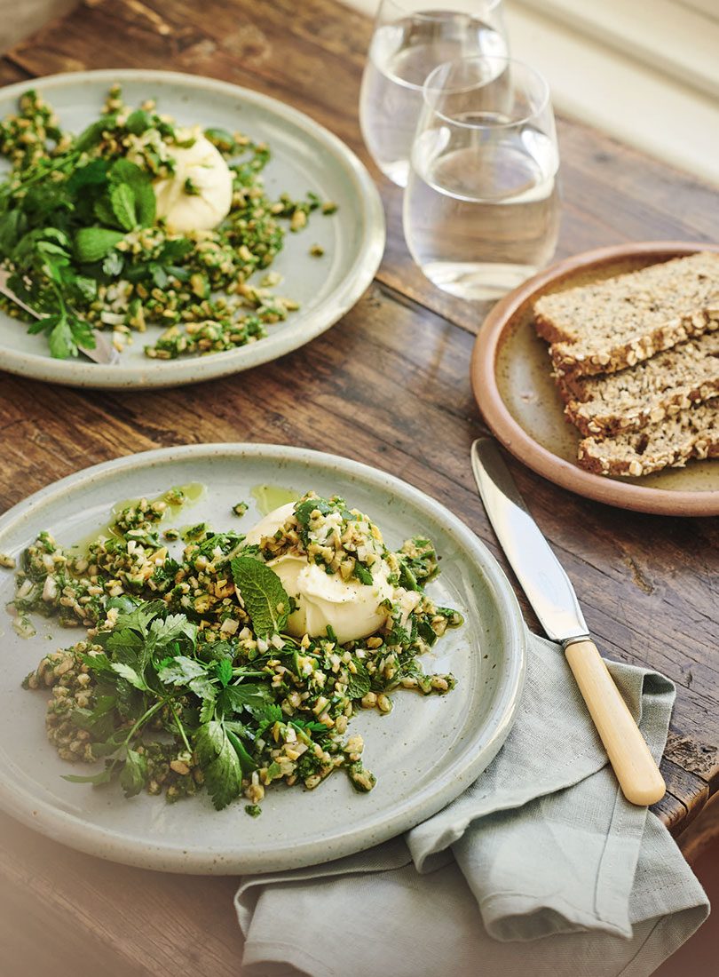 BURRATA & GREEN FARRO WITH GREEN OLIVE & MINT SALSA Cuisine Magazine From New Zealand to the
