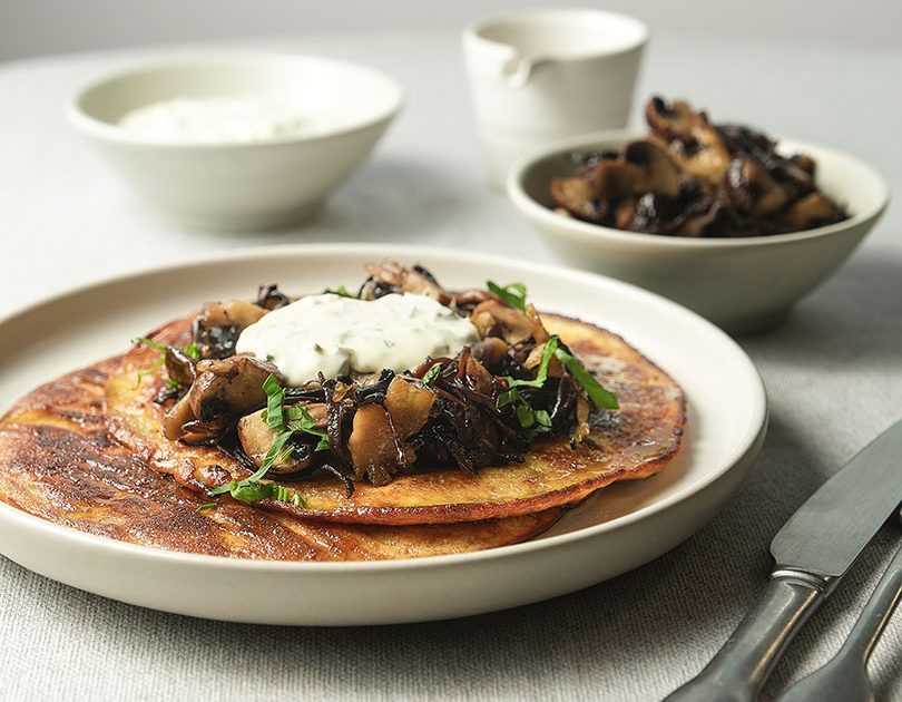 Celeriac Boxty Pancake With Maple Mushrooms & Herbed Sour Cream