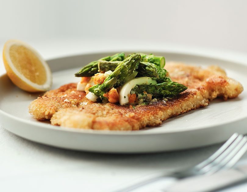 Chunky Asparagus & Horseradish Tartare Sauce With Monkfish Schnitzel