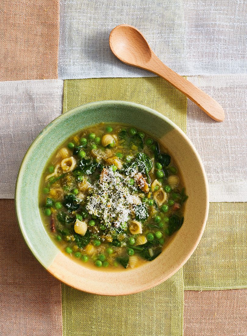 Pea, Pancetta & Pasta Soup With Mint & Almond Pesto - Cuisine Magazine - From New Zealand to the Wor