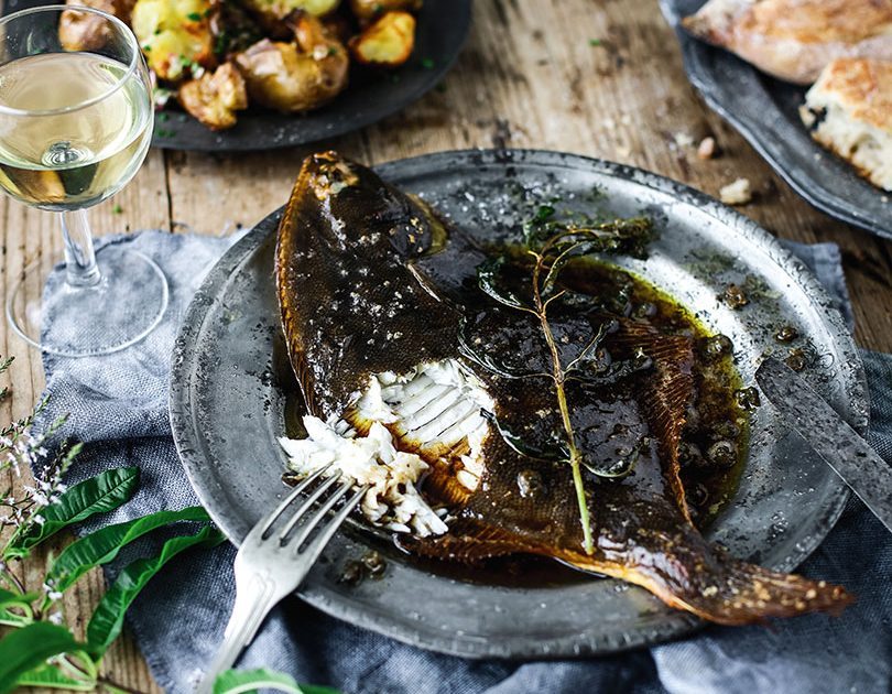 Baked Flounder With Lemon Verbena Butter & Smashed Herby Potatoes