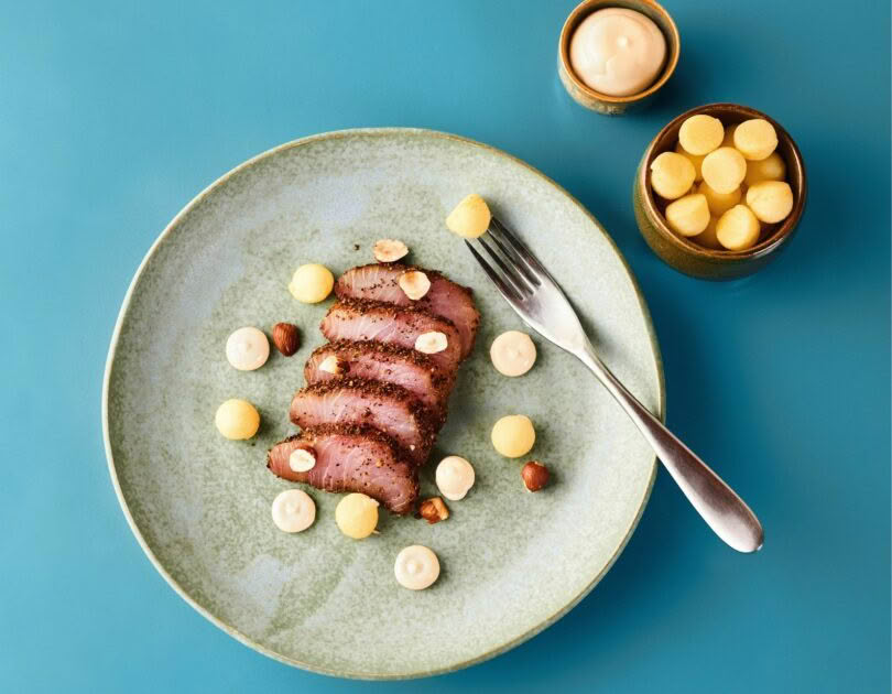 Coffee-Cured Kingfish Pastrami, Pickled Potato & Lemon Mayonnaise